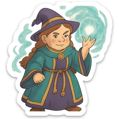 ghibli style female dwarf sorcerer from DnD, fantasy robes, magical aura sticker