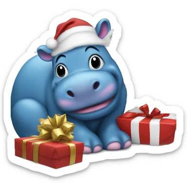 A blue hippo with a Christmas tree sticker