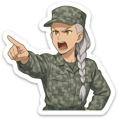 Style of Anime, 1 female, gold yellow eyes, white hair lavender tips, locks in front, mohawk, long white braid, she is a drill sergeant at work, focused facial expression, shouting command, eyes looking down in front of her, pointing a blade hand gesture to the forward direction, uniform of gray large scale digital camo sticker