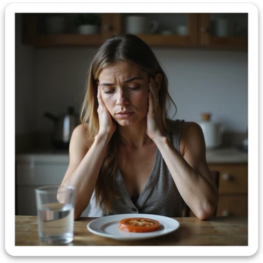 realistic style adult thin woman sitting at kitchen table with a plate with only a slice of tomato and a glass of water, tired expression, kitchen environment, sad atmosphere sticker