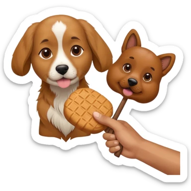 trainer hand holding a treat in front of a dog sticker