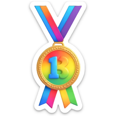Animated emoji of a rainbow-colored medal with a ribbon, shiny and reflective, 3D style sticker