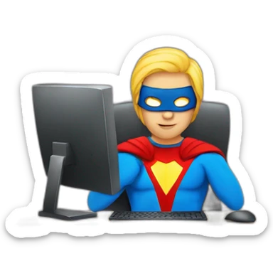 person at computer dressed as superhero sticker