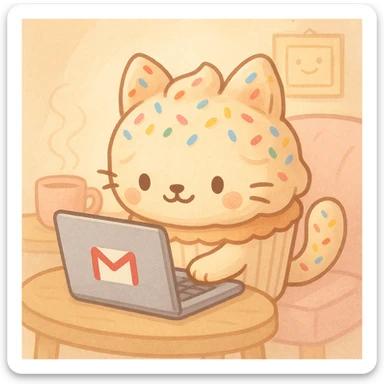 A cute cupcake-cat hybrid focused on her laptop, composing silly stories for her friends to enjoy via Gmail. The cat has a cupcake wrapper body, frosting ears, and sprinkles. The laptop shows a Gmail icon. The atmosphere is playful and charming. sticker