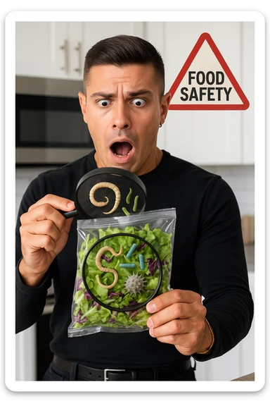 a man holds a bag of salad with both hands, his face frozen in shock as he looks at the contents. Inside the bag, exaggerated but realistic depictions of parasites and bacteria are visible, some highlighted with a magnifying glass overlay. The background is a clean kitchen, and a warning sign appears in the corner to reinforce the message about food safety. sticker