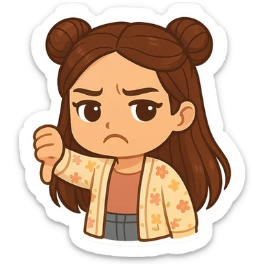 Create a chibi sticker of the girl from the reference image, showing a thumbs down and looking displeased. She has brown straight hair styled in double buns, brown eyes, wearing a pastel floral cardigan and jeans. The sticker should have a white outline and a transparent background, sized 512x512px. sticker
