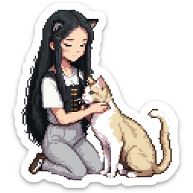 Beautiful girl with long black hair petting a gray and blonde mixed cat sticker