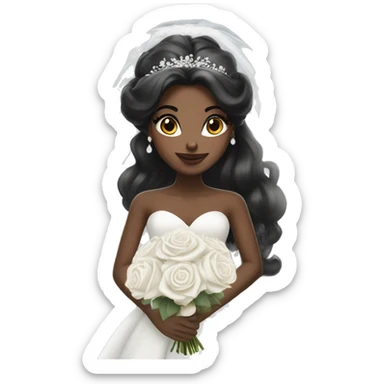 Black hair bride with long white Dress and long white veil and white roses bouquet in hands   sticker