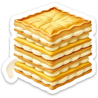 Mille-feuille Cinematic Realistic Mille-Feuille Dessert Emoji, depicted as a delicate pastry composed of two crisp layers of puff pastry with a rich cream filling, rendered with intricate textures and elegant, soft lighting. sticker
