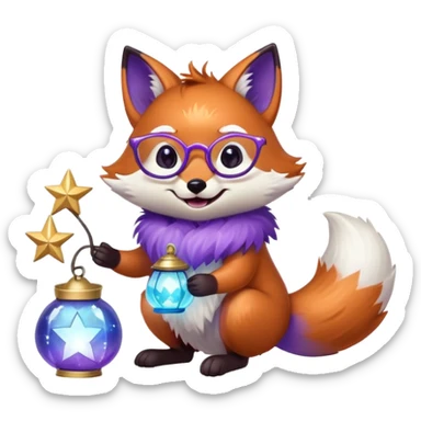 A small magical fox with shimmering purple and blue fur, a glowing fluffy tail, a silver star on its forehead, and round glasses, holding a tiny magical lantern, rolling on the floor and laughing uncontrollably. 🦊🤣 sticker
