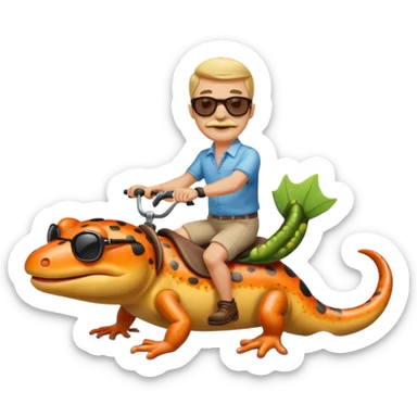 Mustachioed man with sunglasses riding a salamander on a river sticker