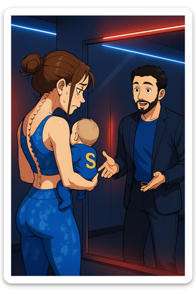 ispirati a questo stile di disegno e fai questa immagine in versione manga/webtoon a colori, il manga mostra la donna che si guarda alla specchio preoccupata di profilo con la postura sbagliata e incurvata, spalle chiuse e curve in avanti, con un neonato in braccio con una tutina azzurra e la scritta "S" sulla schiena, spina dorsale storta della donna in evidenza mentre al suo fianco anche l'uomo guarda la donna riflessa nello specchio e le spiega una cosa, ma non fare i fumetti, fai come se stessero parlando sticker