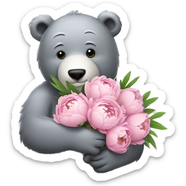 realistic-happy-grey-bear-hugging-Bouquet-of-peonies sticker