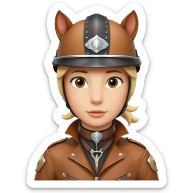horse rider portrait, head and shoulders only, wearing riding helmet, leather jacket collar, confident expression, subtle horse tack strap visible, 3D cartoon, mobile game icon style, clean background, no text, no watermark
 sticker