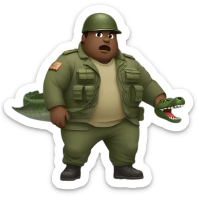 a fat black man dressed in military attire fighting with a crocodile sticker