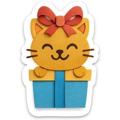 cat inside a gift box with a ribbon on head, smiling, paper-craft style sticker