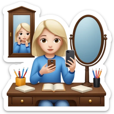 Girl sitting at vanity taking out picture with iphone 15 plus and study materials on the vanity sticker