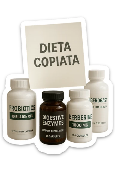 FOGLIO DI CARTA FLUTTUA IN ARIA CON LA SCRITTA "DIETA COPIATA", INSIEME A BARATTOLI DI INTEGRATORI PER CURARE IL SIBO IN ITALIANO, IPERREALISTICO 4K, NON DISEGNATO sticker