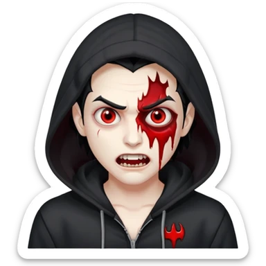 Vampire with gray white skin and full white eyes and bloody fangs and a black hoodie and scary face and black hair  sticker