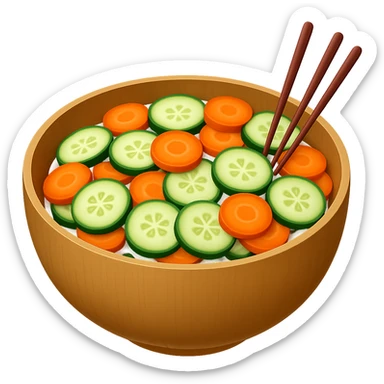 Add cut carrot slices to the cucumber salad with chopsticks. The style should resemble emoji style with no background. sticker
