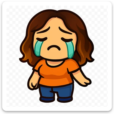 Sticker style chibi emote, matching the attached green heart emote as a base, but with a slightly skinnier body and a bigger chest. Woman from reference, orange t-shirt and blue jeans, crying with big tears, cute sad face, no headband, no wand, no heart, transparent background. Top color should not match jeans. sticker