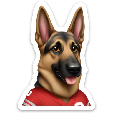 German Shepherd wearing an Ohio state jersey sticker