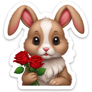 Cute rabbit with sad puppy dog eyes holding roses  sticker