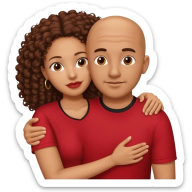 A picture of a tanned couple embracing. the guy is Mexican, with a bald hair cut and he is wearing a red shirt. the girl is mixed, the girl is wearing a black shirt, the girl has brown curly big hair and with big boobs  sticker