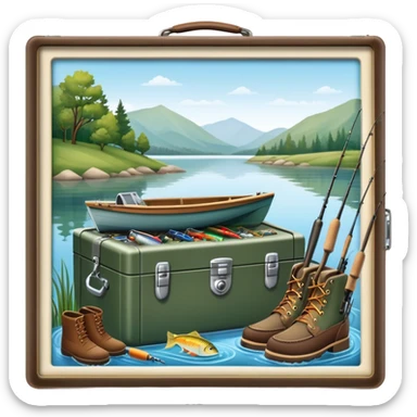 Icon for Fishing: a fishing tackle box, a spinning rods, fishing boots, and a boat by a water body with a beautiful nature backdrop. The icon should evoke the peaceful and adventurous spirit of fishing. Transparent background. sticker