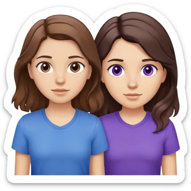 Two girls one with straight brown hair wearing a blue shirt, the other wearing purple and with brunette wavy hair sticker