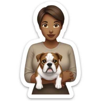 lady with brown short hair holding a english bulldog sticker