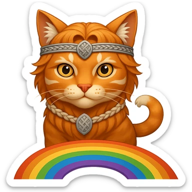 Add a rainbow bridge beneath the valorous Viking cat in Valhalla. Keep the background transparent. The style should match the original image's look and feel. sticker
