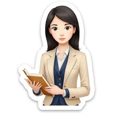 A stylish dark-haired woman in a tailored blazer holding a book, soft vanilla and beige background, elegant line art with subtle watercolor shading sticker