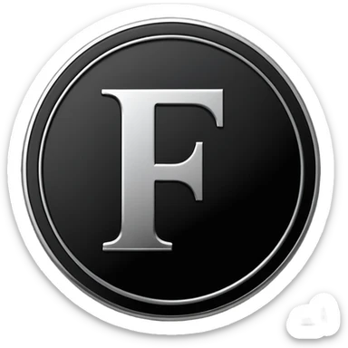 Emoji icon of a black coin with engraved letter F, minimalist style, isolated, only black color sticker