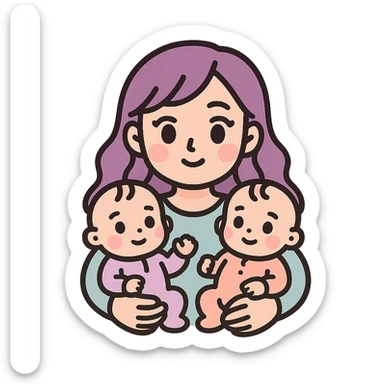 young woman with long wavy hair and big eyes holding two babies in bodysuits, icon-color-outlined style, expressive facial features, detailed shadows and highlights, thin clean contours, soft rounded shapes, pastel palette #98B5BC, #B5B3C1, #C9A3C9, #E4C0CA, #F7DCD1, #F7C0AA, modern Japanese pop art and sticker aesthetic, soft lighting, transparent background sticker