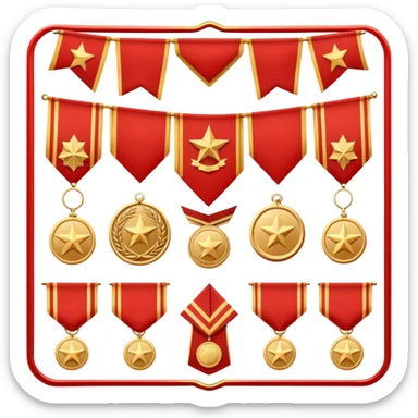 Icon for Collecting Orders, Medals & Badges: a variety of vintage orders, medals and badges, displayed neatly on a big red pennant or in a display case. The icon should reflect the honor and historical significance of these collectible items. Transparent background. sticker
