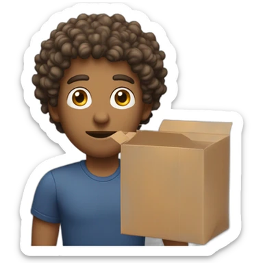 A white man with curly hair giving a package with the word “attention” written on it sticker