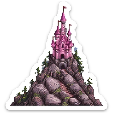 whimsical pink castle on a high rocky mountain, pixel art, cute, detailed, bright colors, magical fantasy world sticker