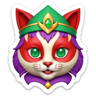 crazy colorful cute little cat jolly joker from poker, medieval, vintage, court jester, mac os icon, purple, gold and red color, half body, emerald green ice eyes. Squared shape as 3D mac os icon, symmetrical sticker