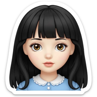 Doll girll, black hair with bangs, slightly wavy, very long hair,long eyelashes, black eyes. sticker
