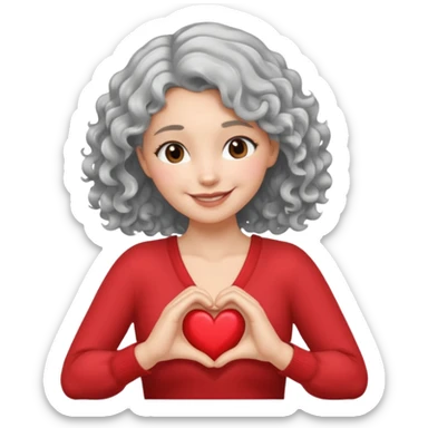 Silver hair, wavy/curly hair chin-length lady giving hug with 2 arms,  v-neck and smiling, add a heart sticker