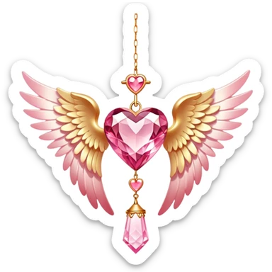Reddish-pinkish and golden warm-colored romantic lush beautiful pretty hanging crystal-catcher aesthetic with hearts and sparkles and and white angel wings sticker