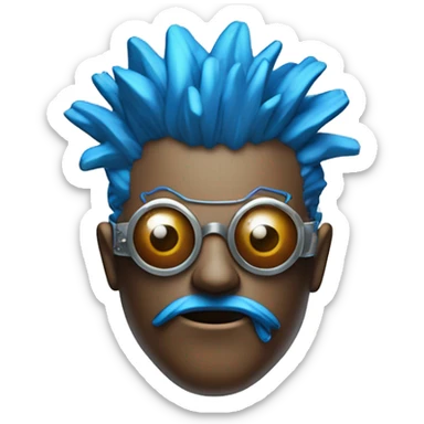Brown cyborg head with blue Mohawk, blue beard, silver steampunk monocle goggles a smile and circuits sticker