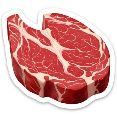 A raw steak with a deep red, fresh color and visible marbling of white fat. The surface is moist and smooth, slightly glossy, with natural muscle texture. The shape is thick and rounded, resembling a fresh cut of beef ready to be cooked sticker
