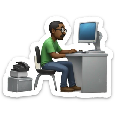 a tired programmer and developer sits behind a computer and makes a website.  sticker