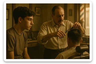 sartaroshxonada ishlayotgan o'smirin bola usta soch olayotganini kuzatib turibdi sticker