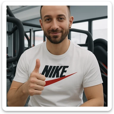 The man in the photo is making the OK gesture with his thumb up, showing a relaxed expression, in a gym environment, photorealistic style. sticker
