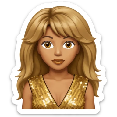 Tina Turner with long light brown hair, gold outfit sticker