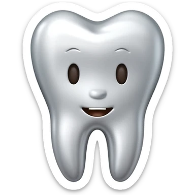 human tooth emoji, smooth chrome ceramic-metal texture, clean medical luxury aesthetic, isolated on white sticker