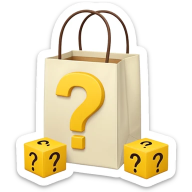 White bag with yellow questions mark cube boxes stuffed in it sticker